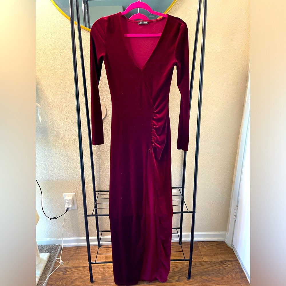 Velvet burgundy, long sleeve dress